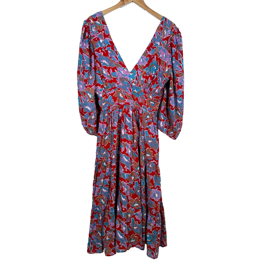 Caroline Constas Dress Large Red Floral Print Cotton Midi V Neck Smock Back